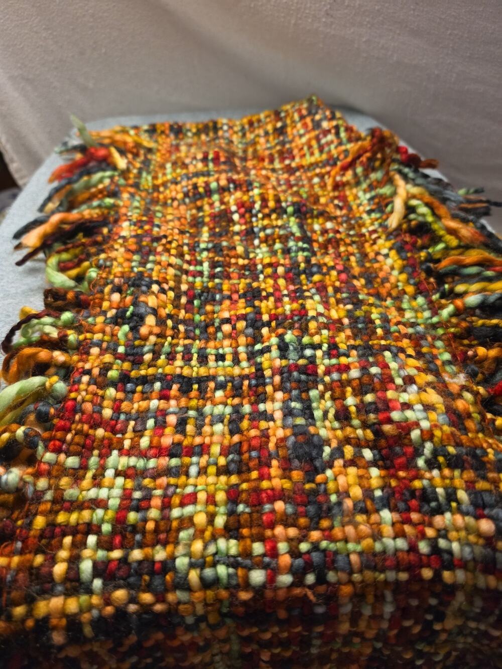 Handwoven Infinity Scarf Wool Blend Artisan Loop Cowl Fringe Autumn Chunky